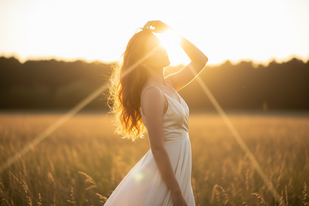 FAIT MOI UNE PHOTO DE FEMME SE TOUCHANT LES CEHVEUX AVEC UN ECLAT DE SOLEIL DERRIERE`
